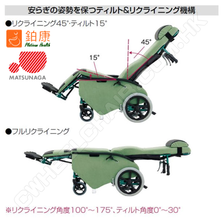 FR31TR高背輪椅靠背角度及腿部角度聯動功能可保持舒適的姿勢 *傾斜角度 100° 至 175°，傾斜角度 0° 至 30°